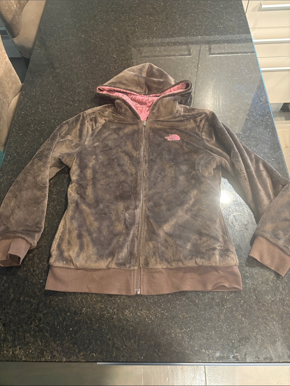 The North Face Brown Fleece Zip Hoodie with Pink Lining